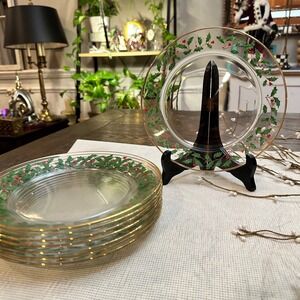 Arcoroc France Holly Berry Salad Plates Vintage Clear & Gold Trim‎ 8 Piece